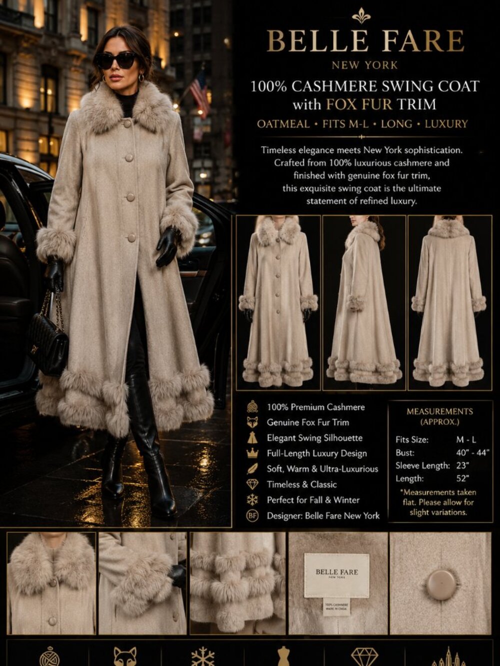 Belle Fare 100% Cashmere Swing Coat w/ Fox Fur Trim Oatmeal Fits M-L Long Luxury